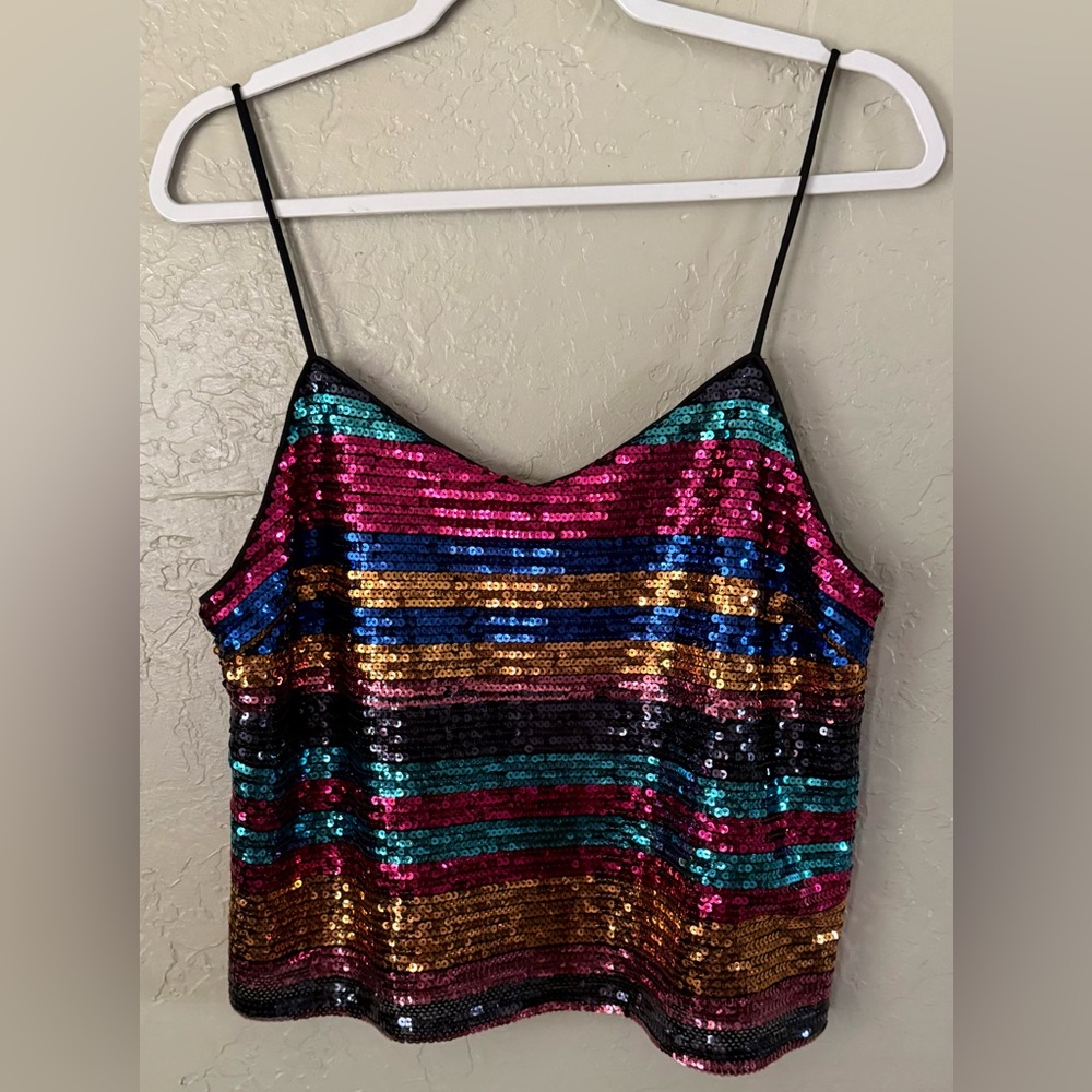 WAYF multi color sequin spaghetti strap crop top Size Large Cami Disco Party